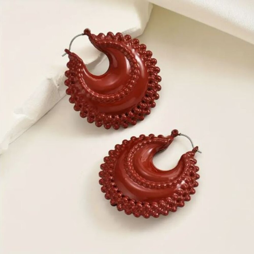 NEW Zendaiya Dark Red Lacquered Chunky Hoop Boho Earrings - Picture 2 of 4